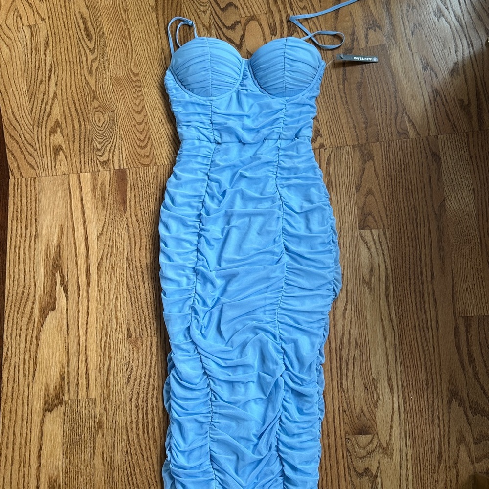 Blue Ruched Strapless Dress